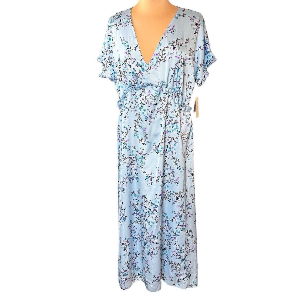 Tash & Sophie Sz L Satin Floral Shirt Dress Long Blue Ruffle V Neck Pull On NWT